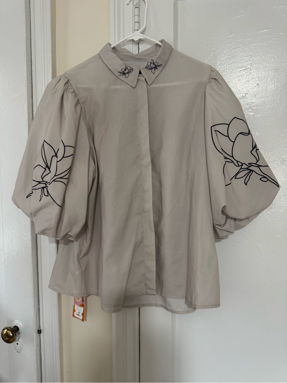 Puff-Sleeve Embroidered Collar Blouse in Neutral Taupe